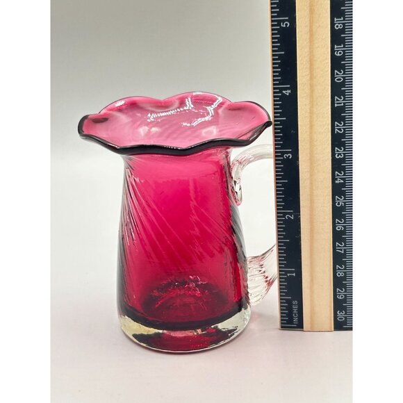 Midcentury Modern Hand Blown Cranberry Glass Miniature Flower Pitcher Vase - Picture 8 of 8